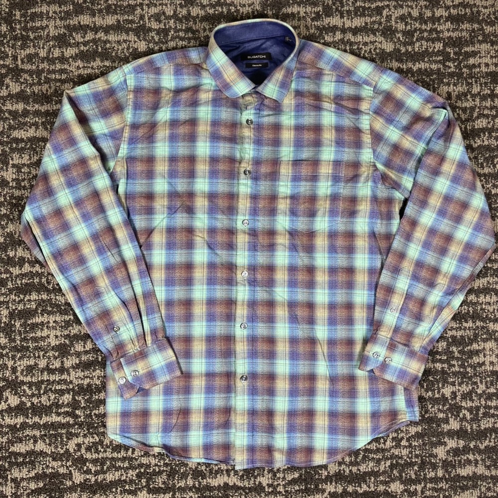 Bugatchi Mens Large Classic Fit Plaid Button Down Shirt Purple Green Cotton